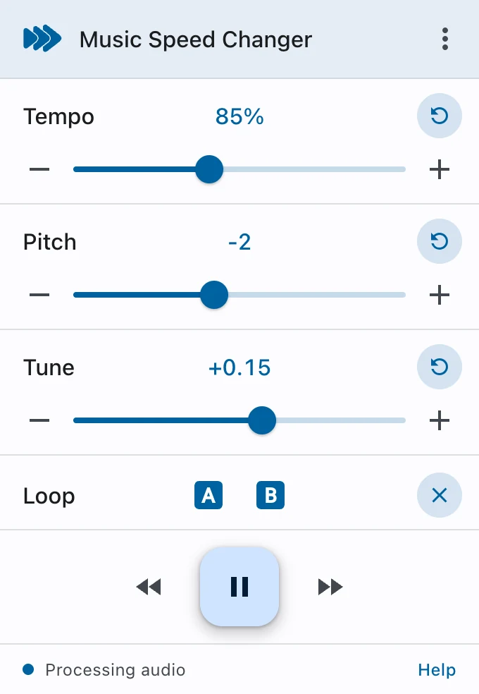 The Music Speed Changer popup: Tempo 85%, Pitch −2, Tune +0.15, a loop from A to B, and the back 5 seconds, pause and forward 5 seconds buttons.