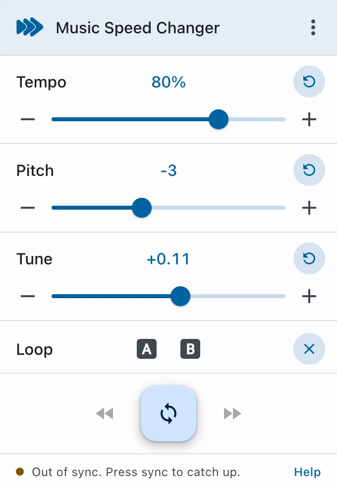 The Music Speed Changer popup on a page without a player: Tempo 80%, Pitch −3, Tune +0.11, the Sync button between greyed-out back and forward buttons, and “Out of sync. Press sync to catch up.”
